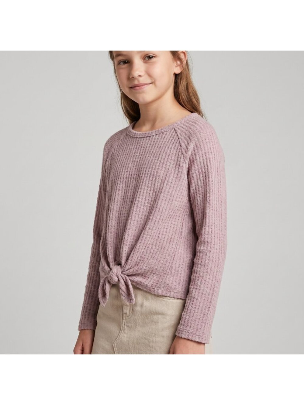 Treasure & Bond Girl's Cozy Tie Front Mauve Thermal Knit Top in size L (10-12)